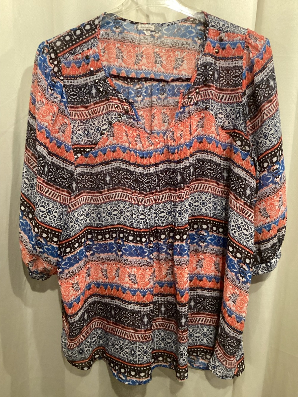 Eyeshadow Coral, Blue & Black Paisley Print Top